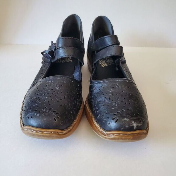 RIEKER Antistress Black Leather Mary Jane Flats Women's EU 42 US 11-12 Laser Cut - Picture 2 of 16